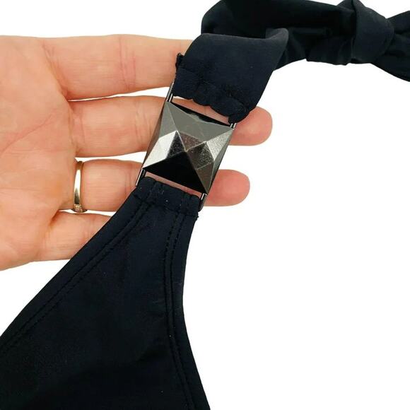 Aqua Swim Womens Black Tie Up Halter Neck Bra Top Size Medium - Picture 2 of 6